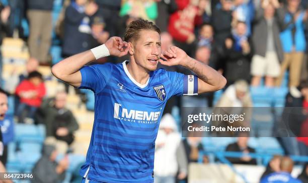 Lee Martin of Gillingham celebrates after scoring his sides goal during the Sky Bet League One match between Gillingham and Northampton Town at...