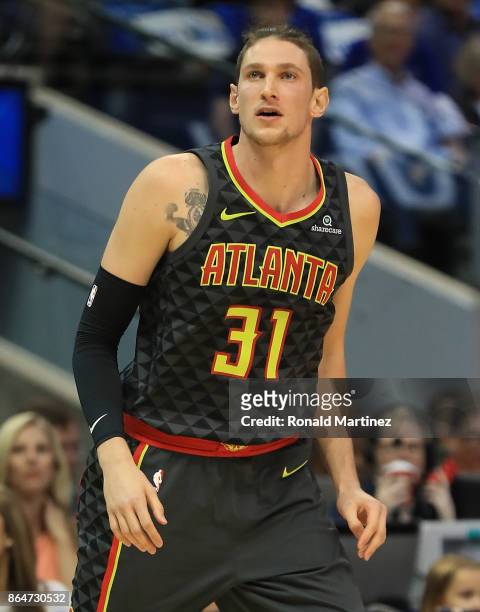 Mike Muscala of the Atlanta Hawks at American Airlines Center on October 18, 2017 in Dallas, Texas. NOTE TO USER: User expressly acknowledges and...
