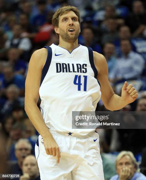 Dirk Nowitzki of the Dallas Mavericks at American Airlines Center on October 18, 2017 in Dallas, Texas. NOTE TO USER: User expressly acknowledges and...