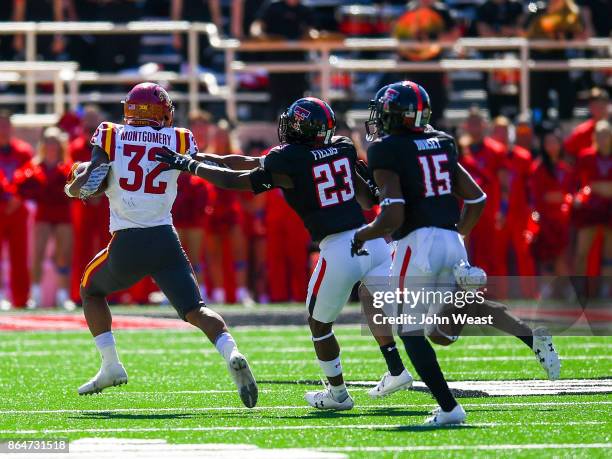 David Montgomery of the Iowa State Cyclones outruns the Texas Tech Red Raiders defense during the game between the Texas Tech Red Raiders and the...