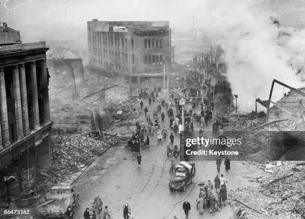 Bomb damage in the centre of Coventry after the Luftwaffe's devastating 'Coventry Blitz' of World War II, 17th November 1940. The ruined Owen Owen...