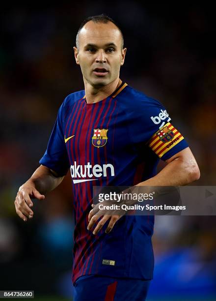 Andres Iniesta of Barcelona reacts during the La Liga match between Barcelona and Malaga at Camp Nou on October 21, 2017 in Barcelona, Spain.