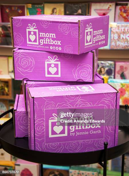 Actress Jennie Garth's MomGiftBox boxes are displayed at Papyrus on October 21, 2017 in Los Angeles, California.