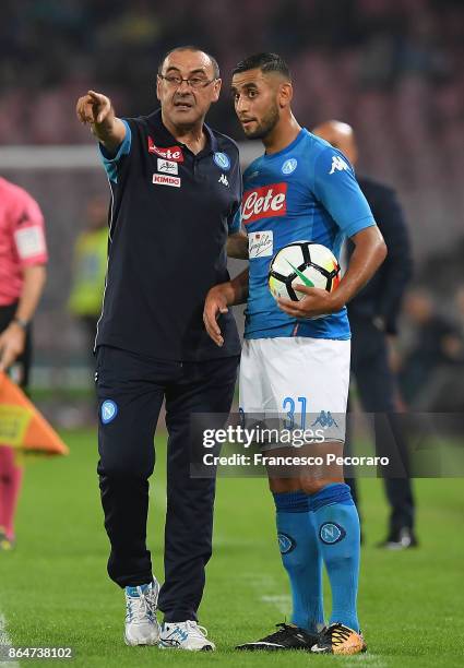 Coach of SSC Napoli Maurizio Sarri and player Faouzi Ghoulam during the Serie A match between SSC Napoli and FC Internazionale at Stadio San Paolo on...