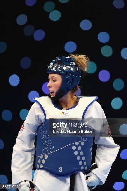 Jade Jonesof Great Britain looks on during the 2017 WTF World Taekwondo Grand-Prix Series at the Copper Box Arena on October 21, 2017 in London,...