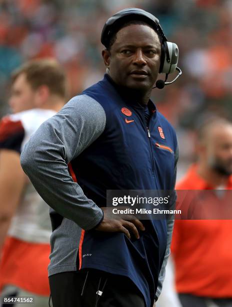 Head coach Dino Babers of the Syracuse Orange looks on during a game against the Miami Hurricanes at Sun Life Stadium on October 21, 2017 in Miami...
