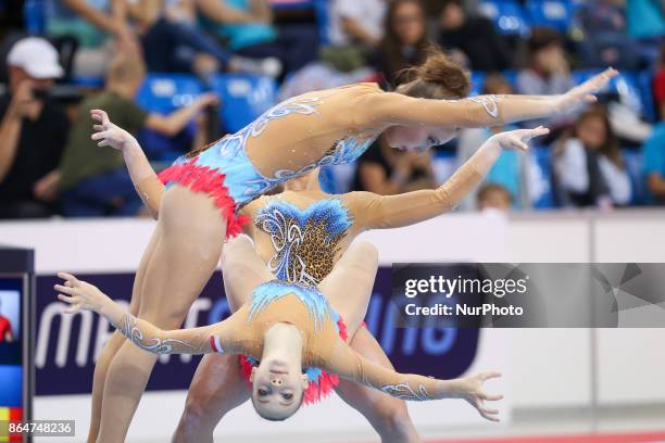 Aleksandra Kotlinska , Izabela Matias , Wiktoria Zolkiewicz , during 28th European Championships in Acrobatic Gymnastics on 21 October 2017 in...