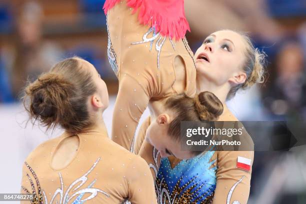 Aleksandra Kotlinska , Izabela Matias , Wiktoria Zolkiewicz , during 28th European Championships in Acrobatic Gymnastics on 21 October 2017 in...