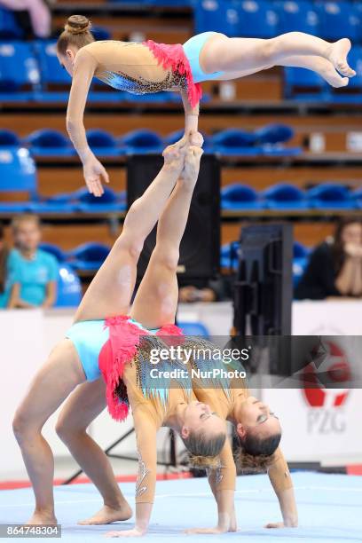 Aleksandra Kotlinska , Izabela Matias , Wiktoria Zolkiewicz , during 28th European Championships in Acrobatic Gymnastics on 21 October 2017 in...