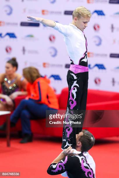 Aliaksei Zayats , Artsiom Yashchanka , during 28th European Championships in Acrobatic Gymnastics on 21 October 2017 in Rzeszow, Poland.