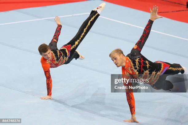 Igor Mishev , Nikolay Suprunov , during 28th European Championships in Acrobatic Gymnastics on 21 October 2017 in Rzeszow, Poland.