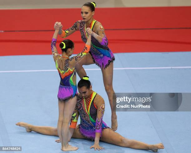 Karina Sandovich , Julia Ivonchyk , Veranika Nabokina , during 28th European Championships in Acrobatic Gymnastics on 21 October 2017 in Rzeszow,...