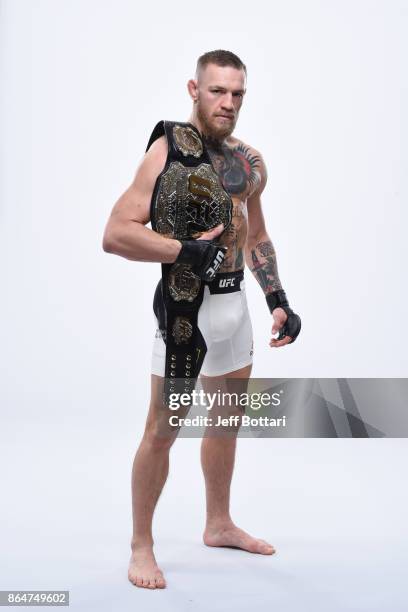 Featherweight champion Conor McGregor poses for a portrait during a UFC photo session on November 8, 2016 in New York City.