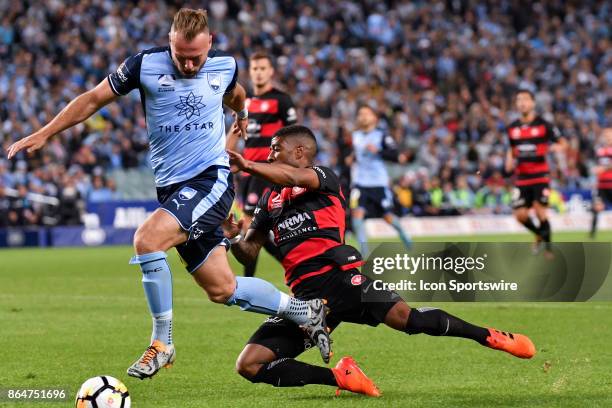 Western Sydney Wanderers midfielder Roly Bonevacia gives Sydney FC defender Jordy Buijs a push at the Hyundai A-League match between Sydney FC and...