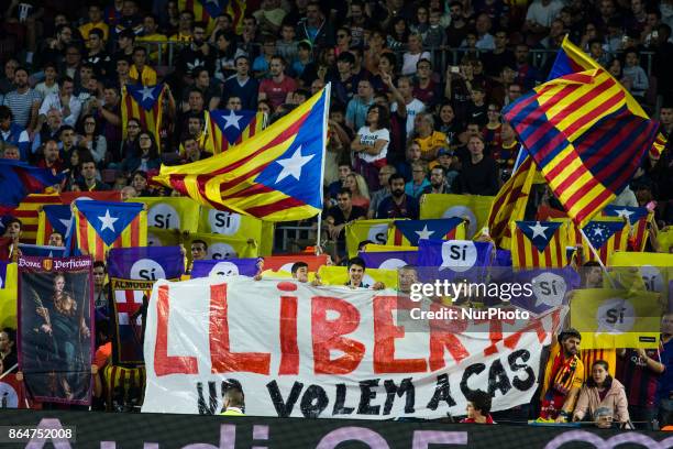 Catalan Independence flags and symbols during the La Liga match between FC Barcelona v Malaga at Montilivi Stadium on October 21, 2017 in Barcelona,...