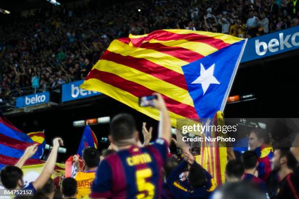 Catalan Independence flags and symbols during the La Liga match between FC Barcelona v Malaga at Montilivi Stadium on October 21, 2017 in Barcelona,...