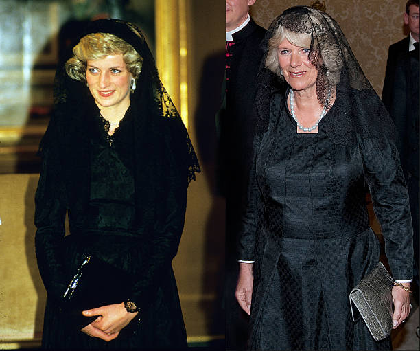 In this photo composite image a comparison is made between Diana, Princess of Wales as she arrives at the Vatican to meet Pope Paul II in April 1985...