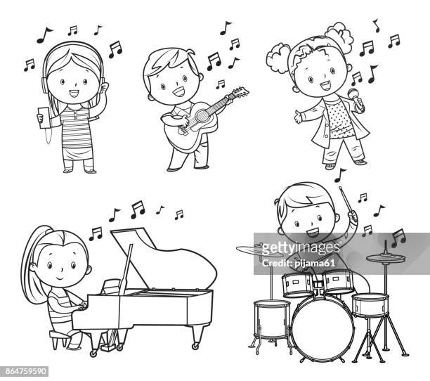 black and white musicians children - female drummer stock illustrations