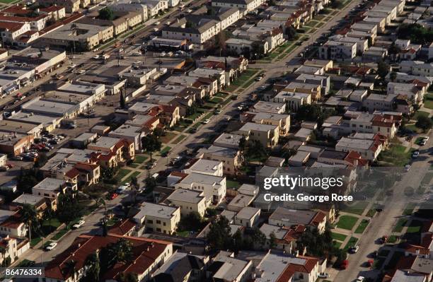 Homes and apartments in the Fairfax District are seen in this 1991 Los Angeles, California, aerial photograph.