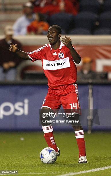 Patrick Nyarko of the Chicago Fire reacts on the field during the second half against the Seattle Sounders FC at Toyota Park on May 2, 2009 in...