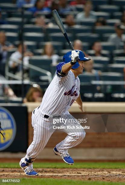 Norichika Aoki of the New York Mets grounds out in the eighth inning of the first game of a double header against the Atlanta Braves at Citi Field on...