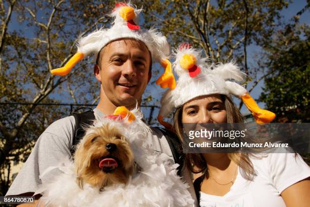 Dog in costume and its owners attend the 27th Annual Tompkins Square Halloween Dog Parade in Tompkins Square Park on October 21, 2017 in New York...