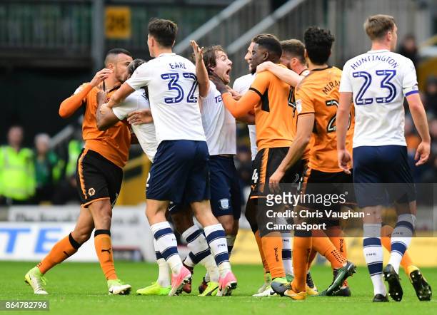 Wolverhampton Wanderers' Alfred N'Diaye appears to grab Preston North End's Ben Pearson round the neck as tempers boil over during the Sky Bet...