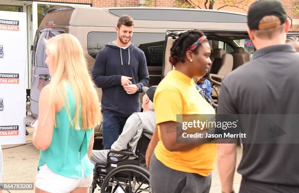 Steelers tight end Jesse James attends The Built Ford Tough toughest tailgate event on its fifth stop in Pittsburgh to Rev Up Steelers fans at...