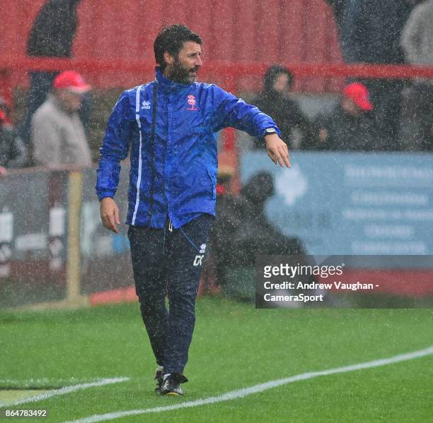 Lincoln City manager Danny Cowley shouts instructions to his team from the technical area during the Sky Bet League Two match between Cheltenham Town...