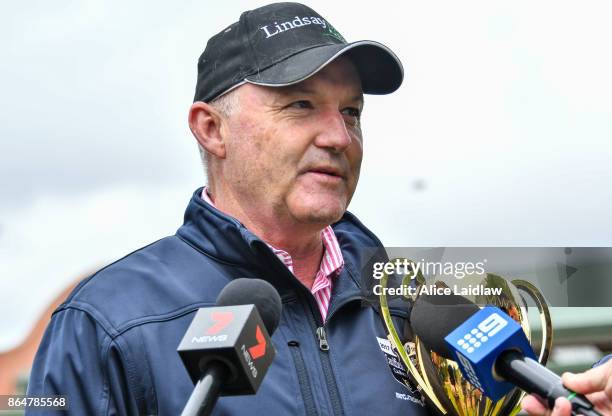 David Hayes after winning the Caulfield Cup at Caulfield Racecourse on October 22, 2017 in Caulfield, Australia.