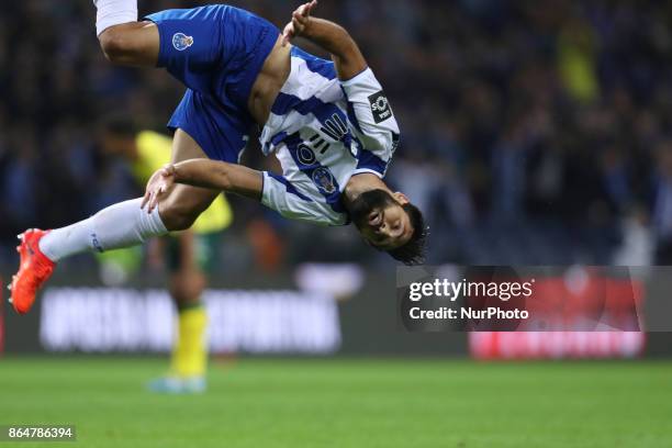 Porto's Brazilian defender Felipe celebrates after scoring goal during the Premier League 2017/18 match between FC Porto and FC Pacos de Ferreira, at...