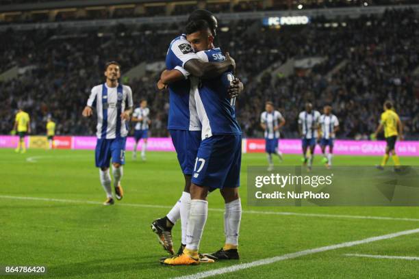 Porto's Mexican forward Jesus Corona celebrates after scoring goal during the Premier League 2017/18 match between FC Porto and FC Pacos de Ferreira,...