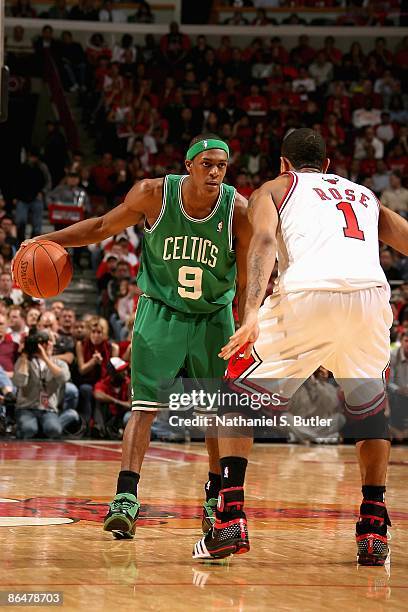 Rajon Rondo of the Boston Celtics goes up against Derrick Rose of the Chicago Bulls in Game Six of the Eastern Conference Quarterfinals during the...