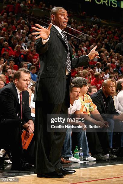 Head coach Doc Rivers of the Boston Celtics reacts in Game Six of the Eastern Conference Quarterfinals against the Chicago Bulls during the 2009 NBA...