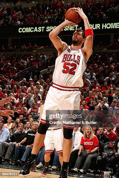 Brad Miller of the Chicago Bulls shoots in Game Six of the Eastern Conference Quarterfinals against the Boston Celtics during the 2009 NBA Playoffs...