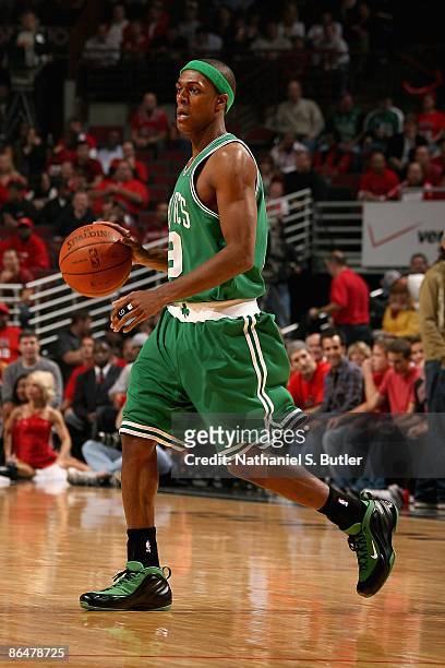 Rajon Rondo of the Boston Celtics moves the ball across the court in Game Six of the Eastern Conference Quarterfinals against the Chicago Bulls...