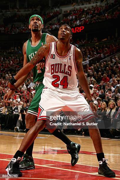 Tyrus Thomas of the Chicago Bulls and Mikki Moore of the Boston Celtics wait under the basket in Game Six of the Eastern Conference Quarterfinals...