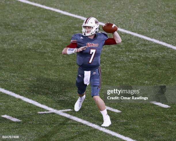 Quarterback Andrew Ford of the Massachusetts Minutemen looks to pass in the second half of the game against the Georgia Southern Eagles at McGuirk...