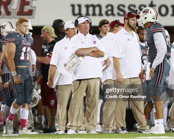 Head coach Mark Whipple of the Massachusetts Minutemen looks on during the second half of the game against the Georgia Southern Eagles at McGuirk...