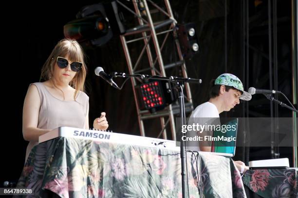 Madeleine Miller and Bret Bender of Bogan Via perform at Camelback Stage during day 2 of the 2017 Lost Lake Festival on October 21, 2017 in Phoenix,...