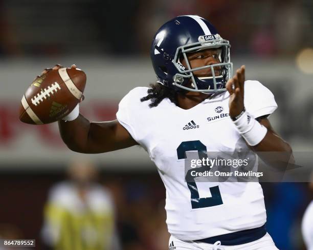 Quarterback LaBaron Anthony of the Georgia Southern Eagles looks to pass during the second half of the game against the Massachusetts Minutemen at...