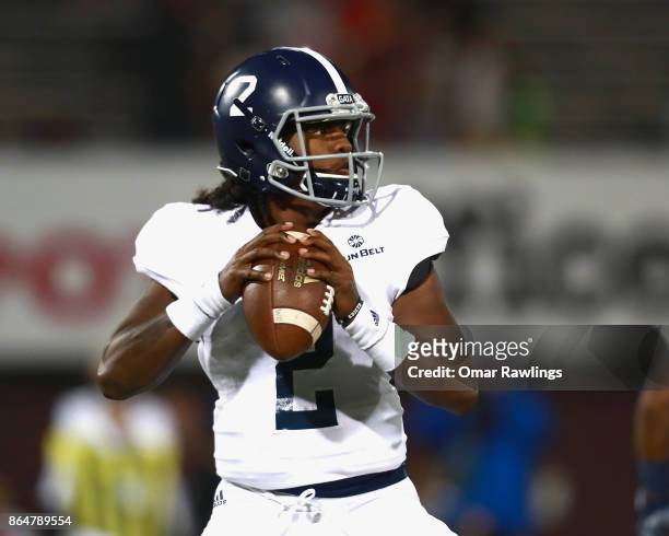 Quarterback LaBaron Anthony of the Georgia Southern Eagles looks to pass during the second half of the game against the Massachusetts Minutemen at...