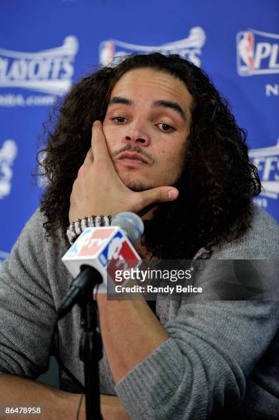 Joakim Noah of the Chicago Bulls speaks to the media after Game Six of the Eastern Conference Quarterfinals against the Boston Celtics during the...