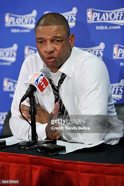 Head coach Doc Rivers of the Boston Celtics speaks to the media after Game Six of the Eastern Conference Quarterfinals against the Chicago Bulls...