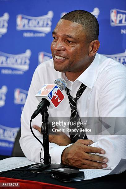 Head coach Doc Rivers of the Boston Celtics speaks to the media after Game Six of the Eastern Conference Quarterfinals against the Chicago Bulls...