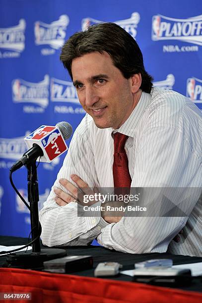 Head coach Vinny Del Negro of the Chicago Bulls speaks to the media after Game Six of the Eastern Conference Quarterfinals against the Boston Celtics...