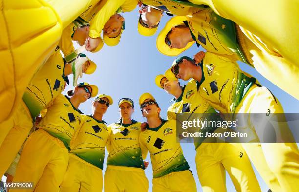 Australia's Rachel Haynes adresses her players during the Women's One Day International between Australia and England at Allan Border Field on...