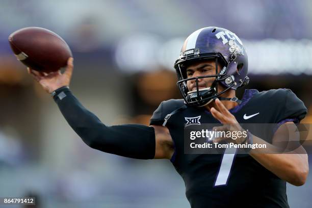 Kenny Hill of the TCU Horned Frogs works through pregame warm up before taking on the Kansas Jayhawks at Amon G. Carter Stadium on October 21, 2017...