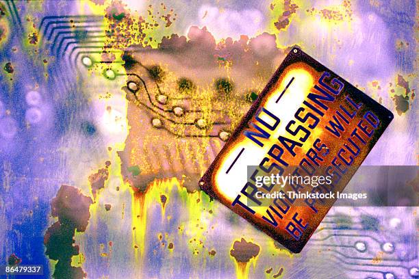 rusted no trespassing sign with circuit board - printed circuit b stock pictures, royalty-free photos & images