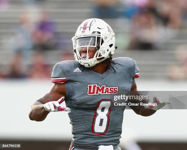 Wide receiver Marquis Young of the Massachusetts Minutemen celebrates after scoring a touchdown in the first half of the game against the Georgia...